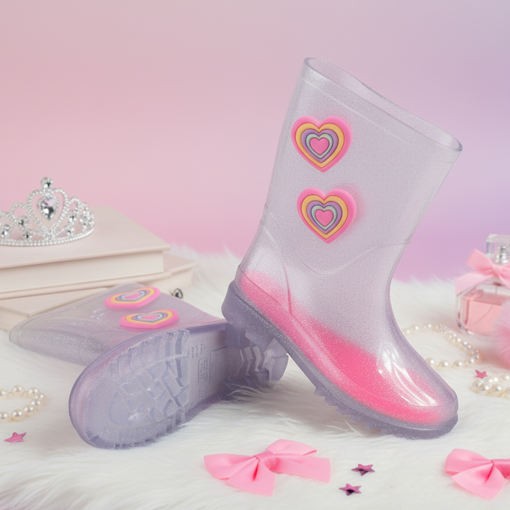 Bota Infantil Galocha Feminina com Coração Impermeável Antiderrapante Leve Confortável Menina