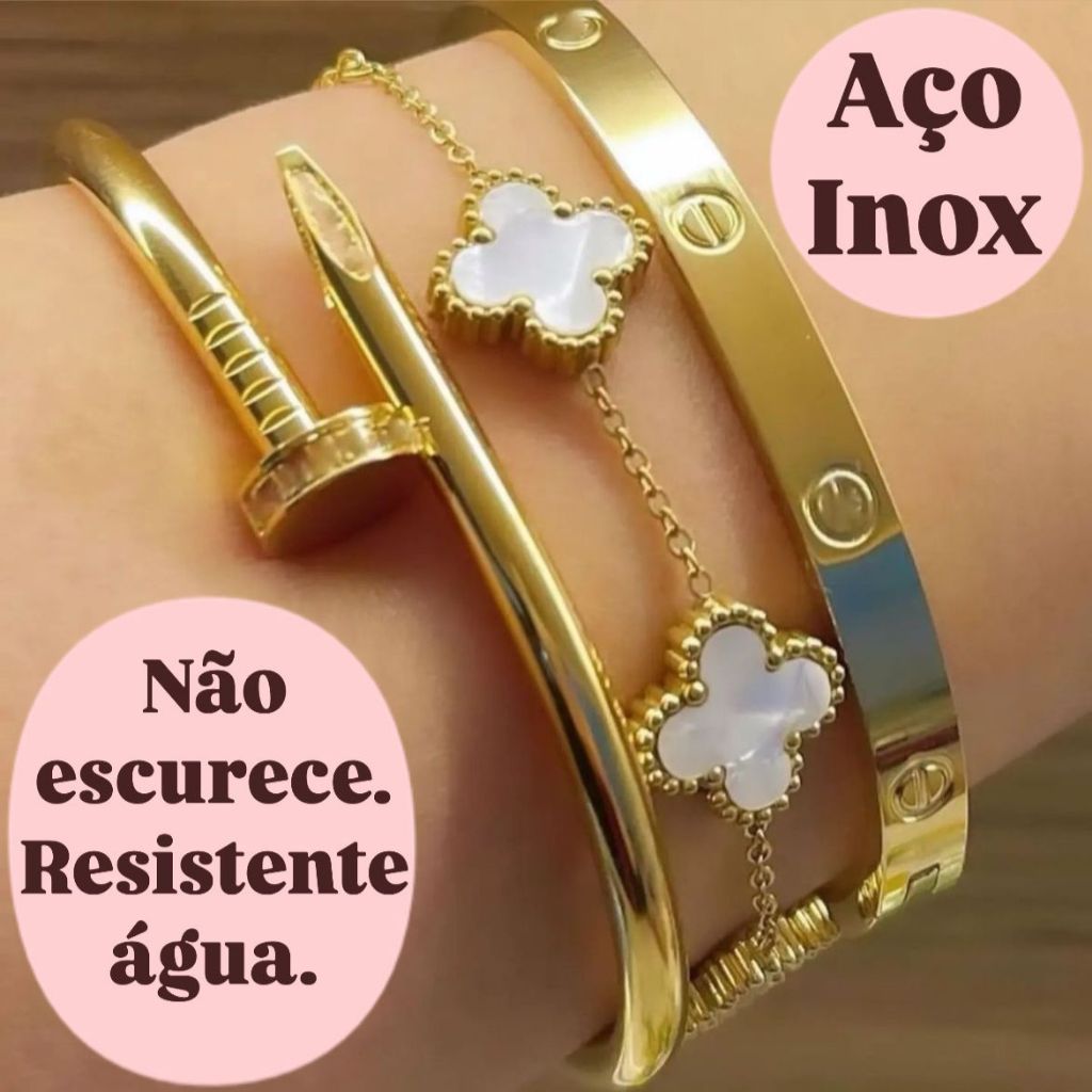 Conjunto 3 Braceletes Aço inoxidável Dourado Acessórios Femininos Virginia Moda KIT Pulseira