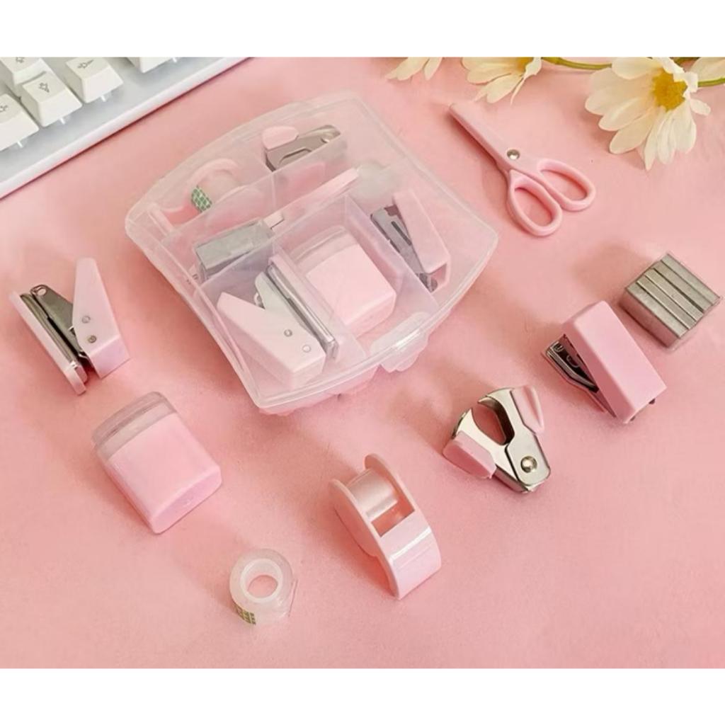 kit mini grampeador + perfurador + fita adesiva + extrator + tesoura