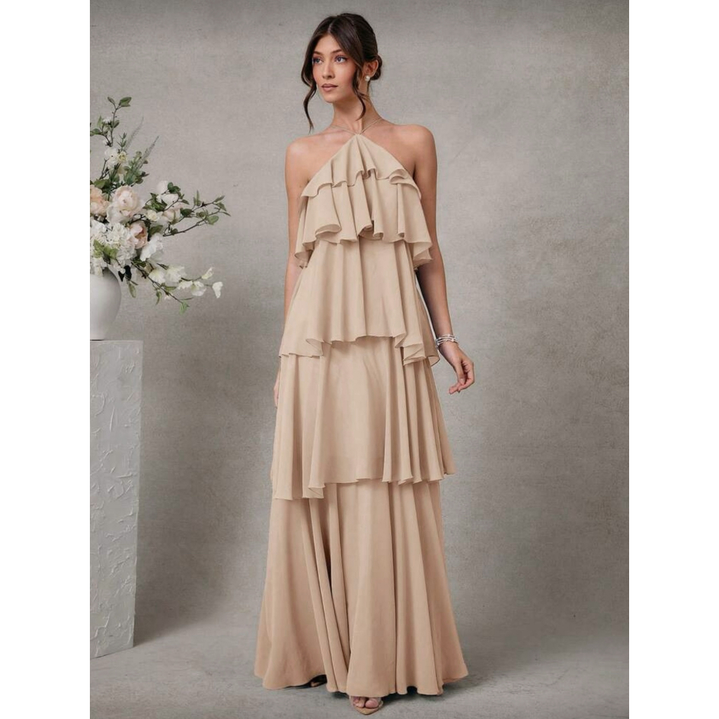 Vestido Elegante e Romântico de Convidado de Casamento Longo Maxi de Chiffon com Detalhe Franzido e