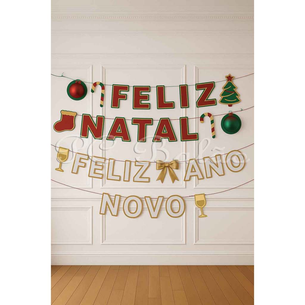 2 Faixas Decorativas Especiais Festas de Final de Ano – 1 FAIXA FELIZ NATAL + 1 FAIXA FELIZ ANO NOVO