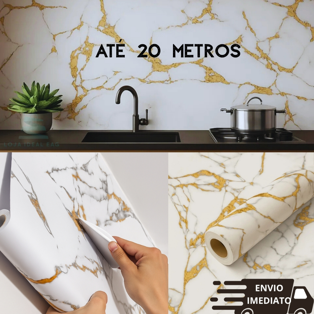 Papel de Parede Adesivo Marmore Dourado, Envelopamento Marmorizado Autocolante 5 Metros x 45 CM