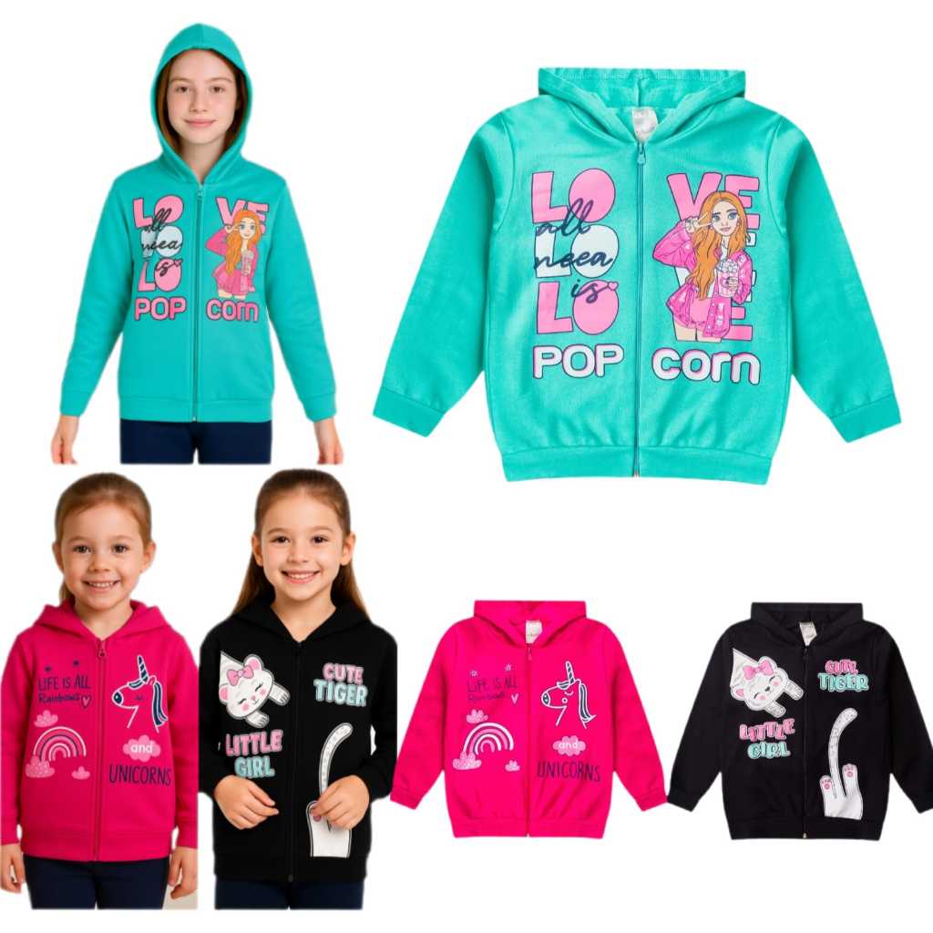 Moletom Infantil Feminino Menina Casaco Inverno com Capuz e Zíper Estampado Confortável