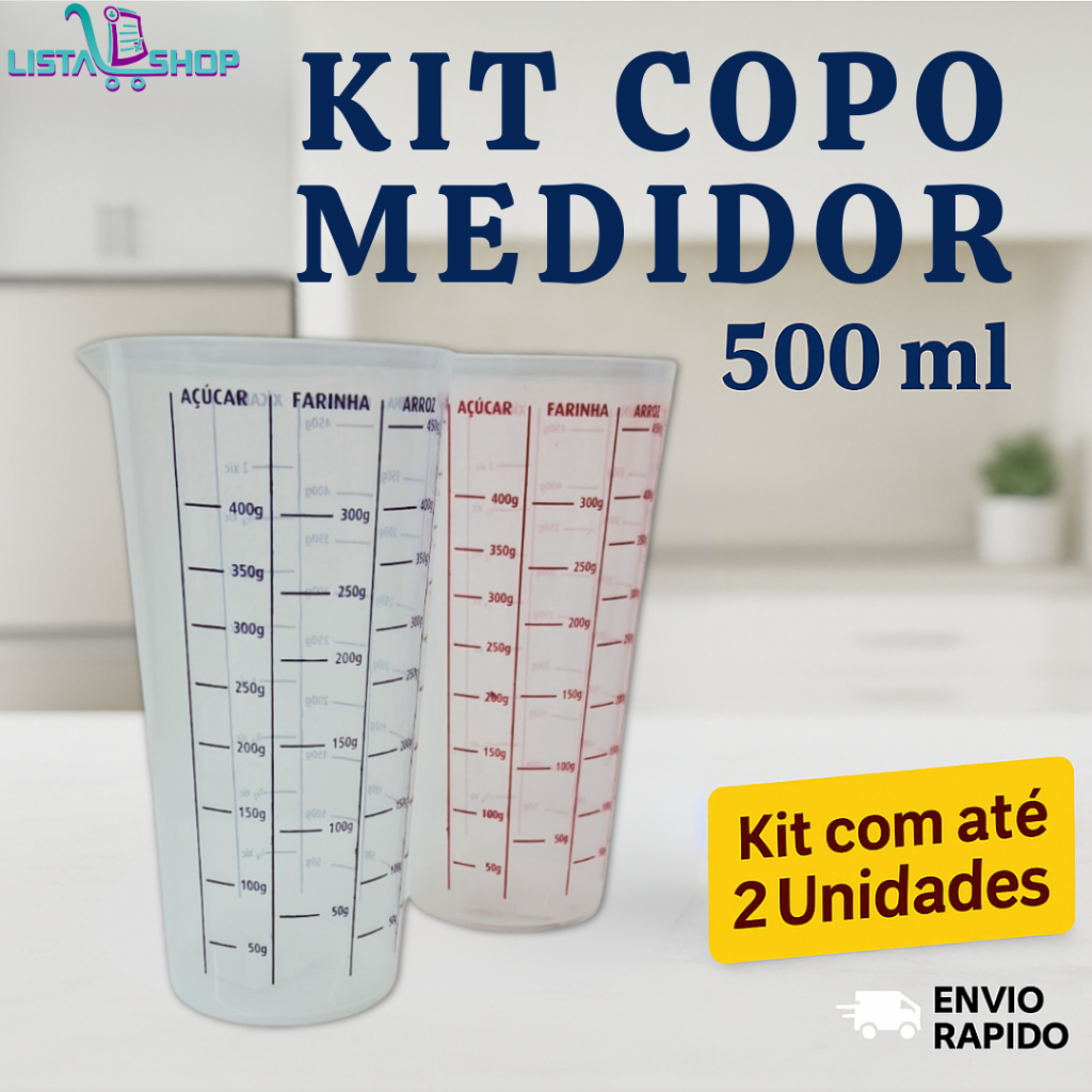 Kit 2 Copo Medidor Plástico Graduado Dosador 500ml Receitas Culinária Cozinha Transparente