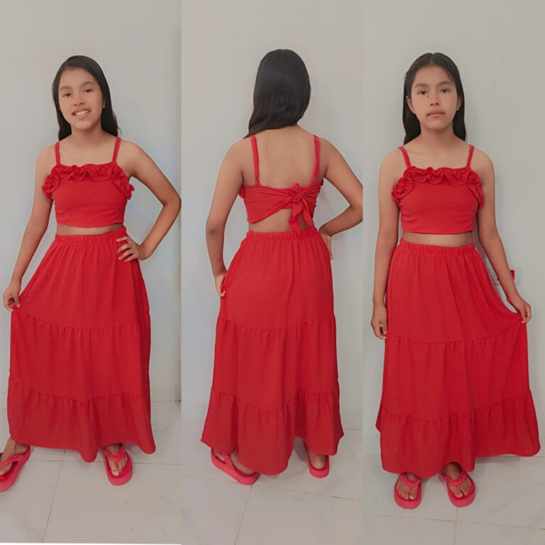 Conjunto Cropped Saia Longa Infantil Liso | Tecido