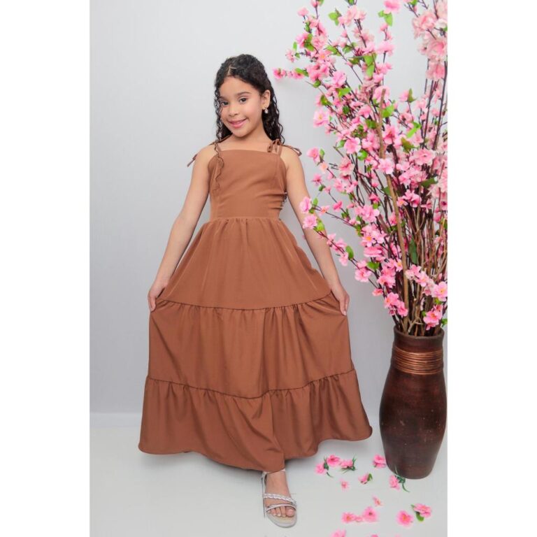 Vestido longo liso laço três Marias juvenil