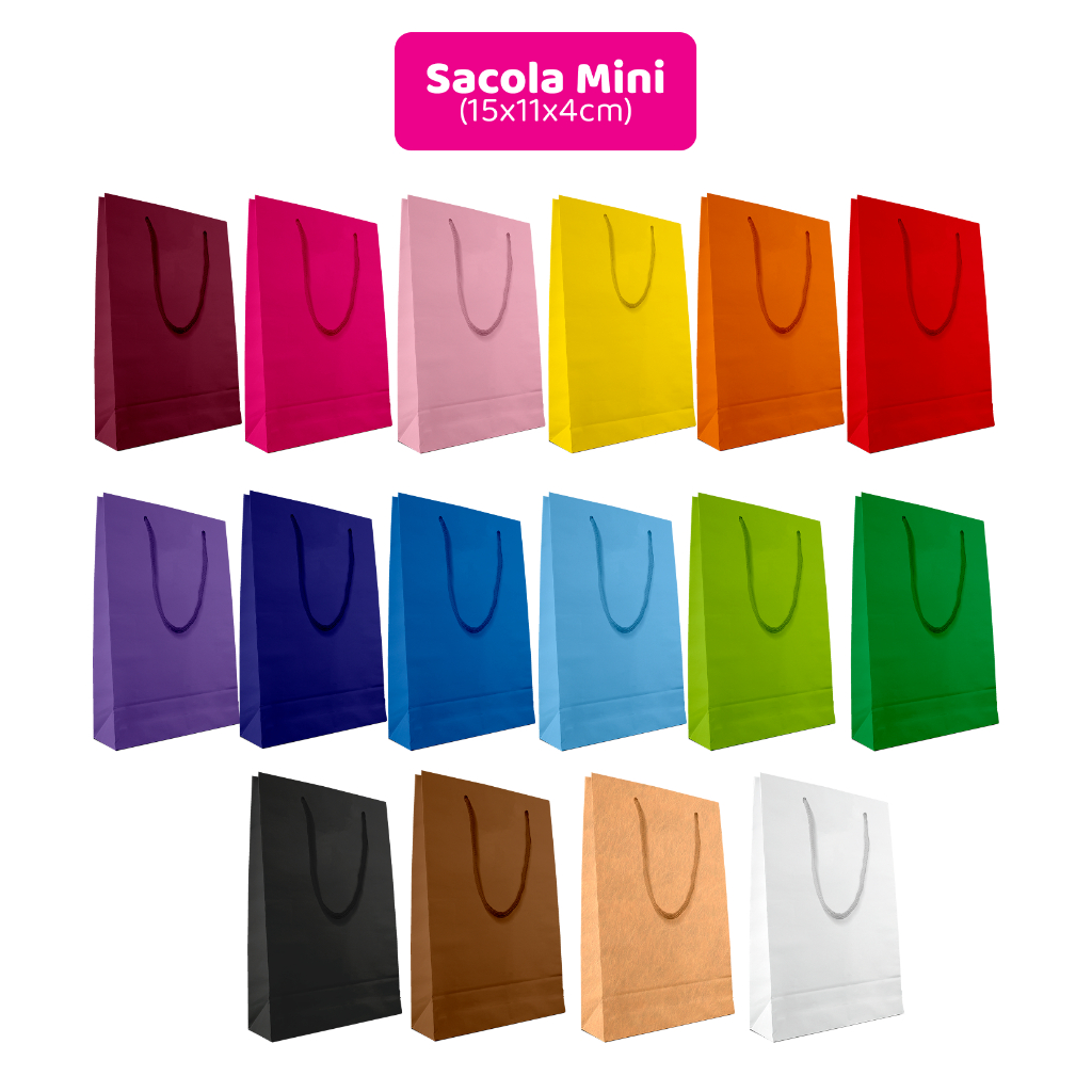 Kit c/ 10 Sacolas de Papel Tamanho Mini – 15x11x4cm | Várias cores lisas