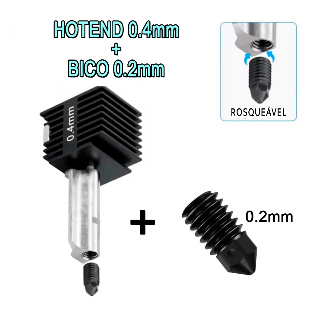 Hotend 0.4mm Com Bico Extra 0.2/0.4/0.6/0.8mm Bambu Lab A1 e A1 Mini Bico Aço Endurecido Removível
