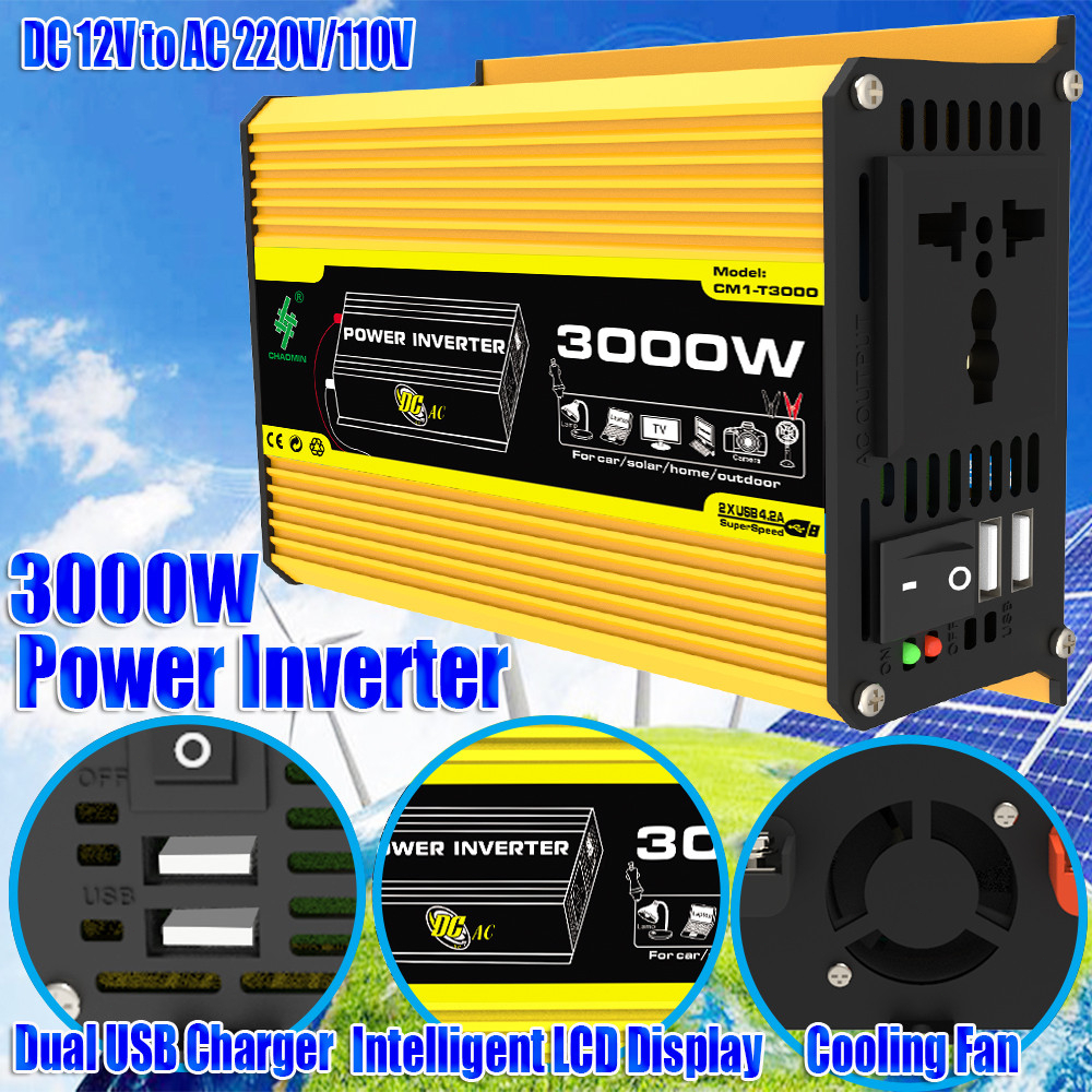 3000W Inversor De Energia Solar Para Carro Conveter DC 12V AC 220V/110V Com 2 Carregadores Rápidos U