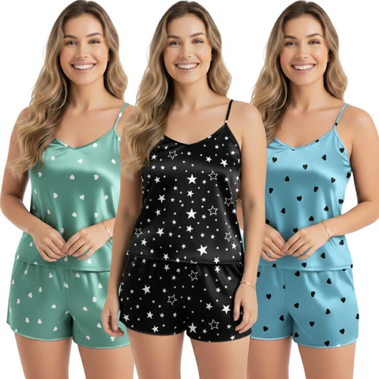 Kit 3 Baby Doll Pijamas Femininos Conjuntos Short 