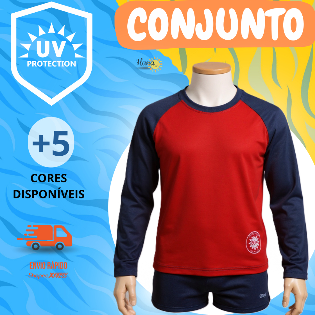 Conjunto camisa UV + sunga box infantil/juvenil com proteção UV 50+ do 2 ao 16 anos
