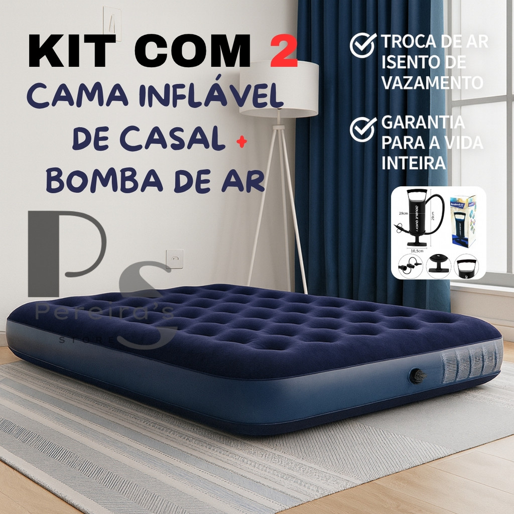 KIT 2 Colchão Inflável Casal Resistente com Bomba Manual Inclusa suporta até 200kg Camping Praia