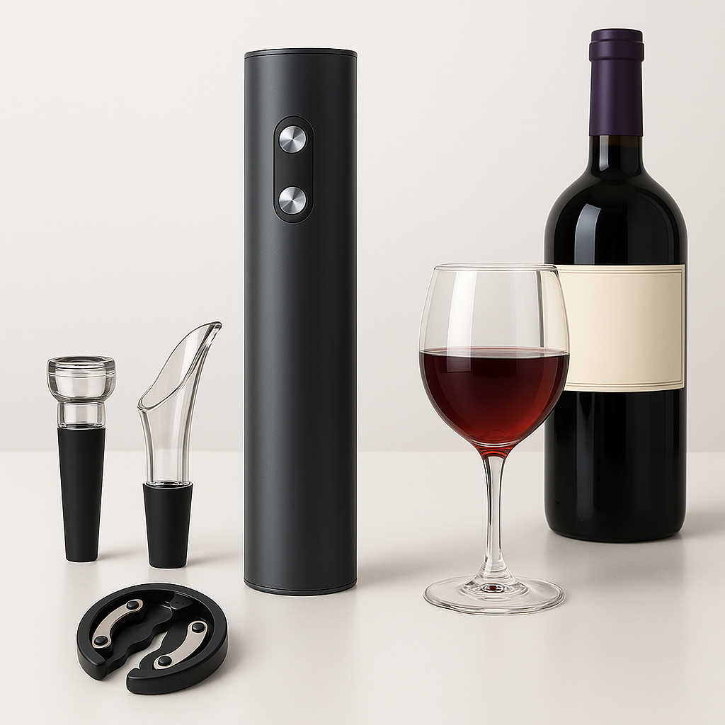 Kit Abridor Elétrico de Vinho Automático a Pilha AA | Saca Rolhas com Cortador, Tampa e Bico Dosador