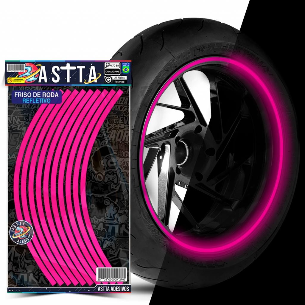 Friso de Roda Todas as Cores em Refletivo Aro 13 ao 22 Adesivo Kit Filete Resistente Para Moto Rosa