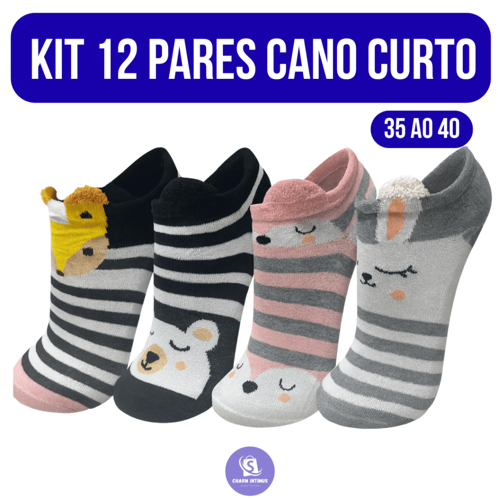 Kit Até 12 Pares Meias Soquete Bichinho Adulto Feminina Estampada 35 ao 40