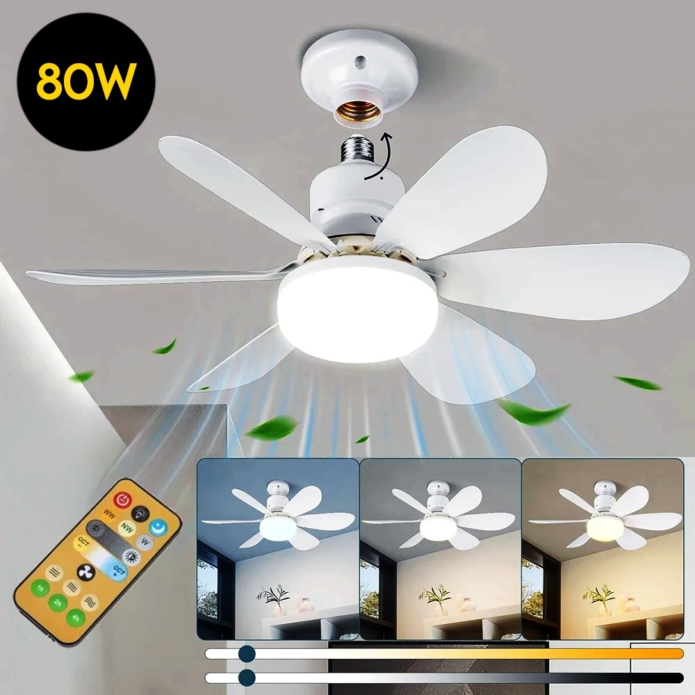 Ventilador de Teto 80W Lâmpada 3 Cores E27 Silencioso Bivolt 2 em 1 Controle Remoto PREMIUM Branco