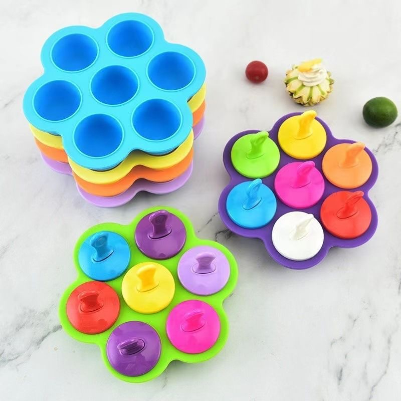 forminha para Picolés infantil com 7 Cavidades Molde De Gelo Com Palitos Coloridos para Picolé Bebê