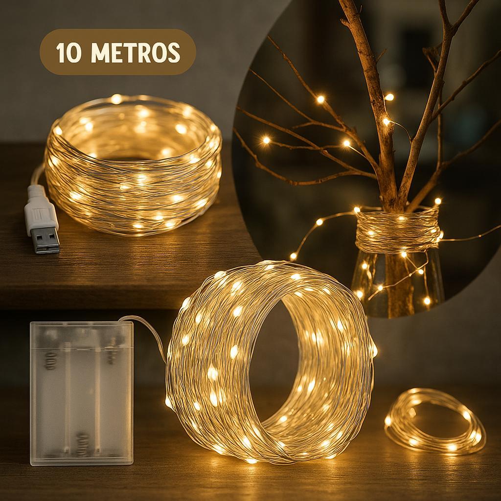Fio de Luzes Led Fada 10 metros 100 Leds USB – Pilha Cobre Prata cordão Luz decoracao natal ano novo