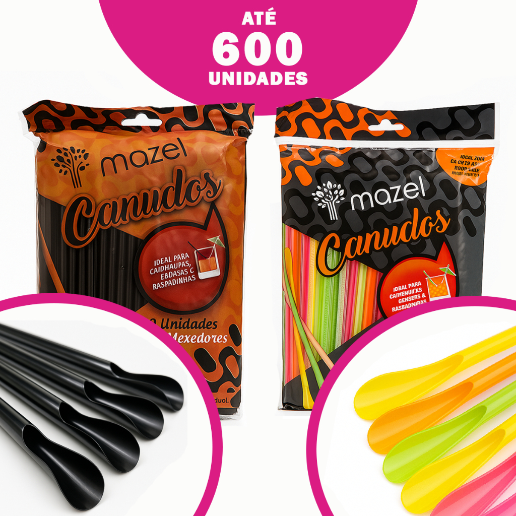 Kit 600 Canudo Mexedor Colher Para Caipirinha Drinks Sucos Cores Neon ou Preto Festa Aniversário