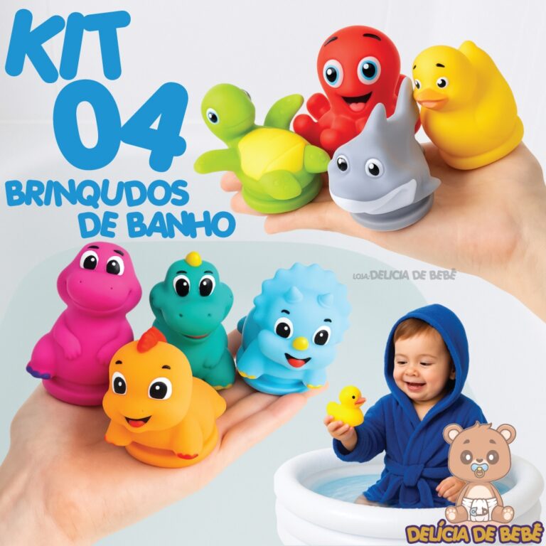 Kit 4 Brinquedo de Banho para Bebê- Patinho- Dino