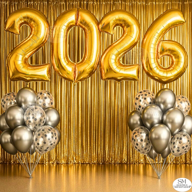 Kit Ano Novo Balão 2026 + 10 Balões + 2 Cortinas