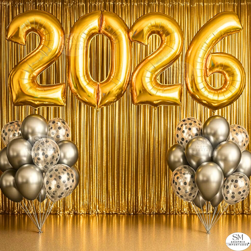 Kit Ano Novo Balão 2026 + 10 Balões + 2 Cortinas Metalizadas ou Balão 2026 40cm ou 80cm Decoração