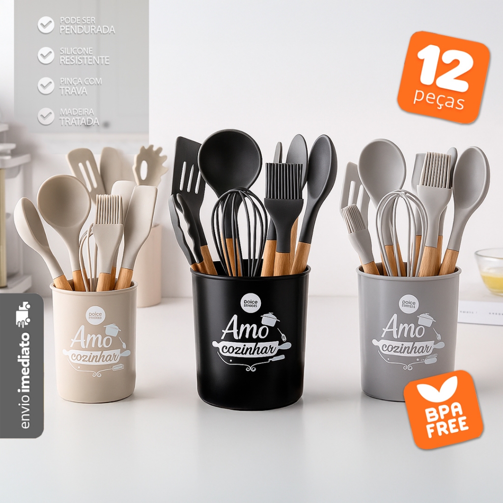 Jogo 12 Peças Utensílios Silicone Cabo Madeira Fouet Pegador – Bhz Store