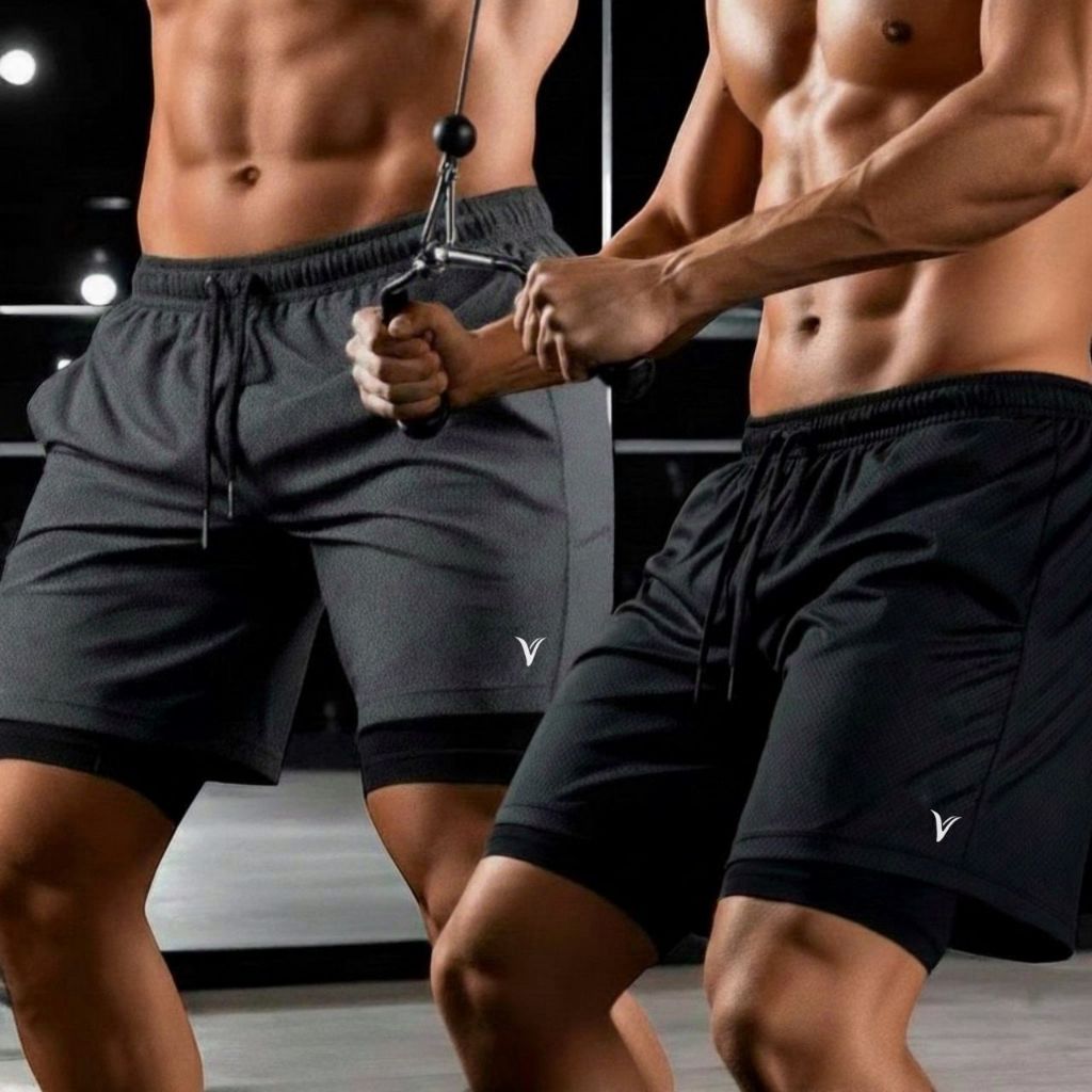 KIT 2 Shorts 2 em 1 DryFit VLS Original Elastano Academia Esporte Treino Masculino