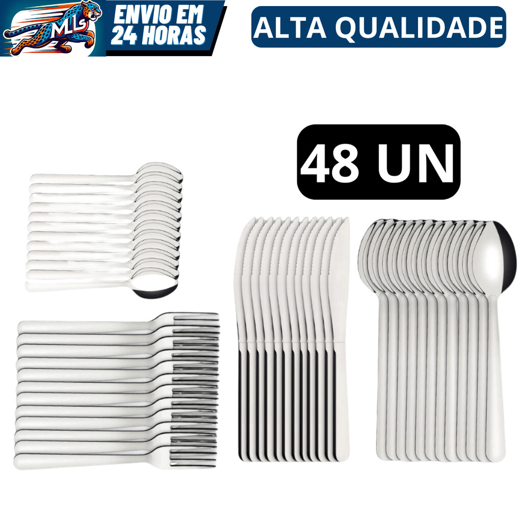 Jogo de Talheres 24/48 peças Aço Inox Facas Garfos Colheres de Sopa e Colheres de Sobremesa