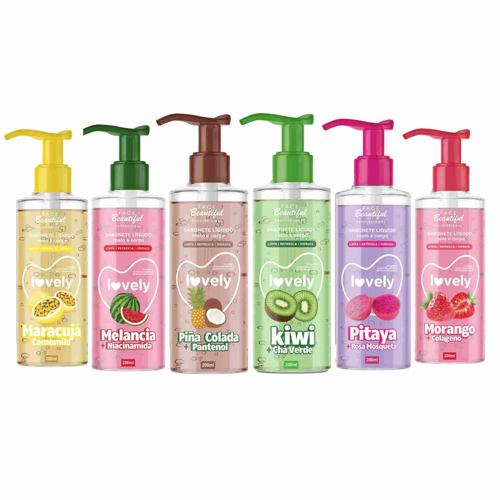 Kit 6 Sabonete Gel de Limpeza Corporal e Facial de Fruta Creme Lovely Face Beautiful 200ml