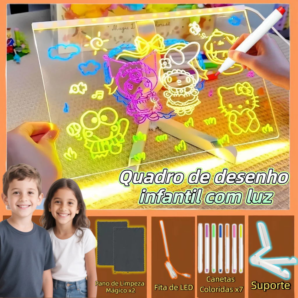 LED Quadro Luminária Acrílico Iluminado Brinquedo com 7 Canetas – Lousa DIY e Suporte Presente Criat