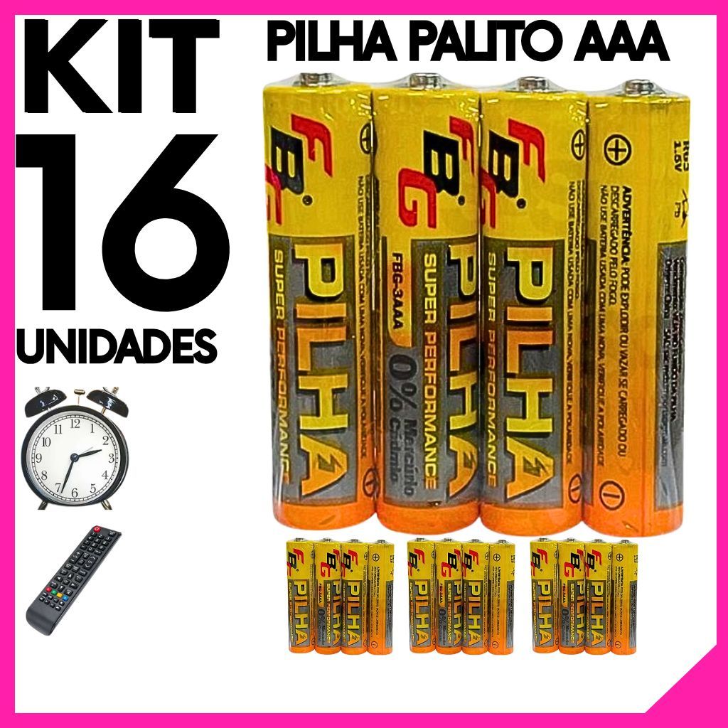 Kit com 16 Unidade de Pilha Palito AAA Alta durabilidade desempenho para seus aparelhos eletrônicos