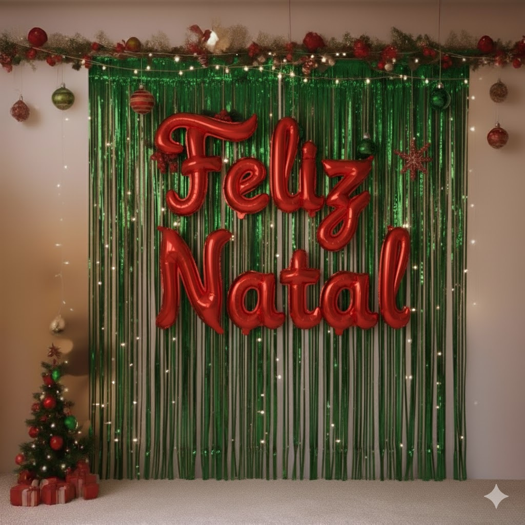 Kit Natalino Balão Metalizado Feliz Natal Cursivo + 2 Cortinas Verde