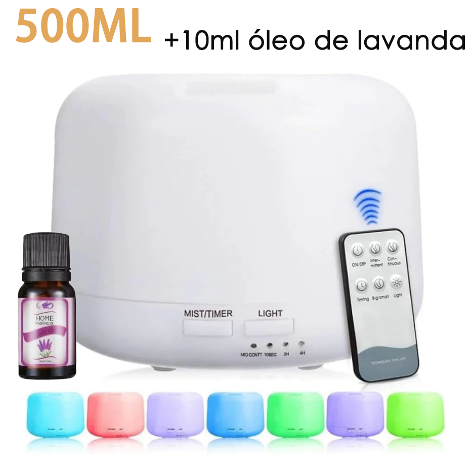 Umidificador Aromatizador Portátil 500ml | LED 7 Cores com Controle Remoto + Ultrassônico Silencioso