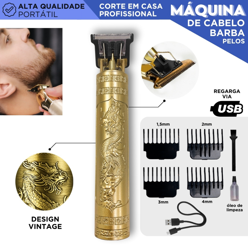 Máquina de Cortar Cabelo e Barba Profissional Recarregável USB Dragão 4 Pentes Lâmina de Aço – CHAI
