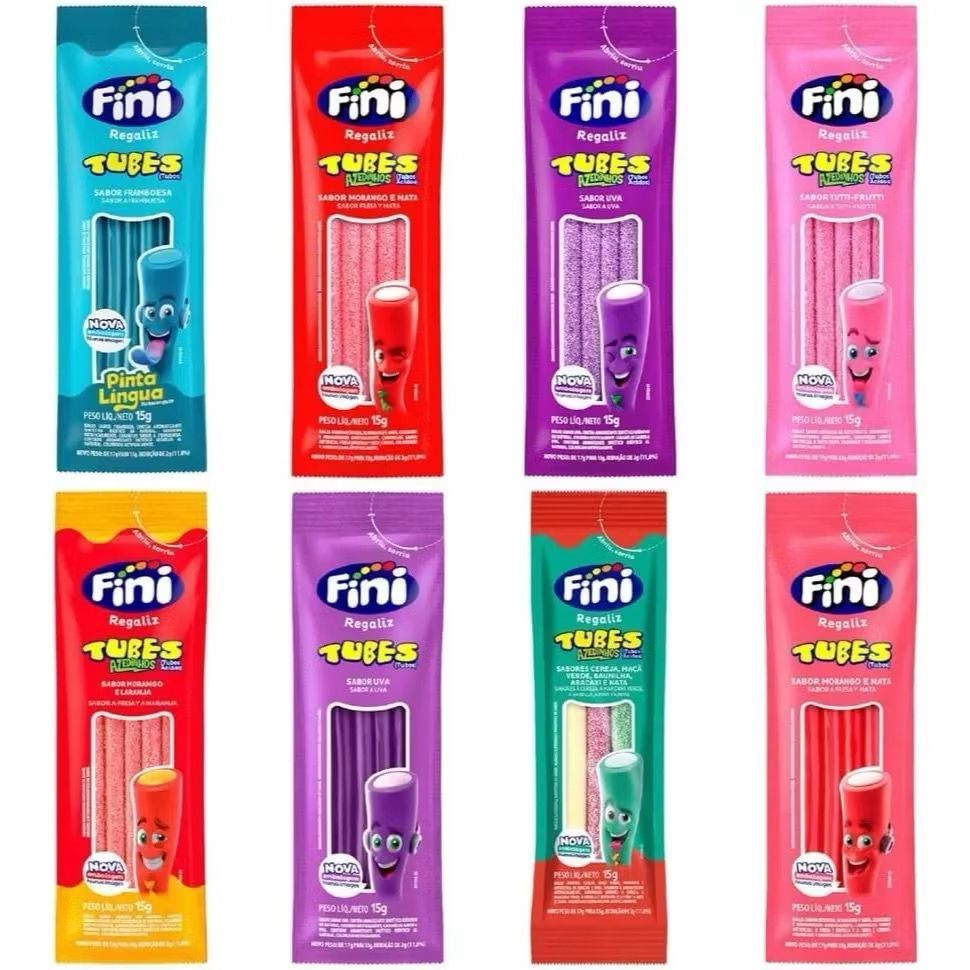 Kit Com até 60 Un Balas Fini Tubes Sabores Variados Balas de Gelatinas Tubes Cítricas Azedinhas 15g