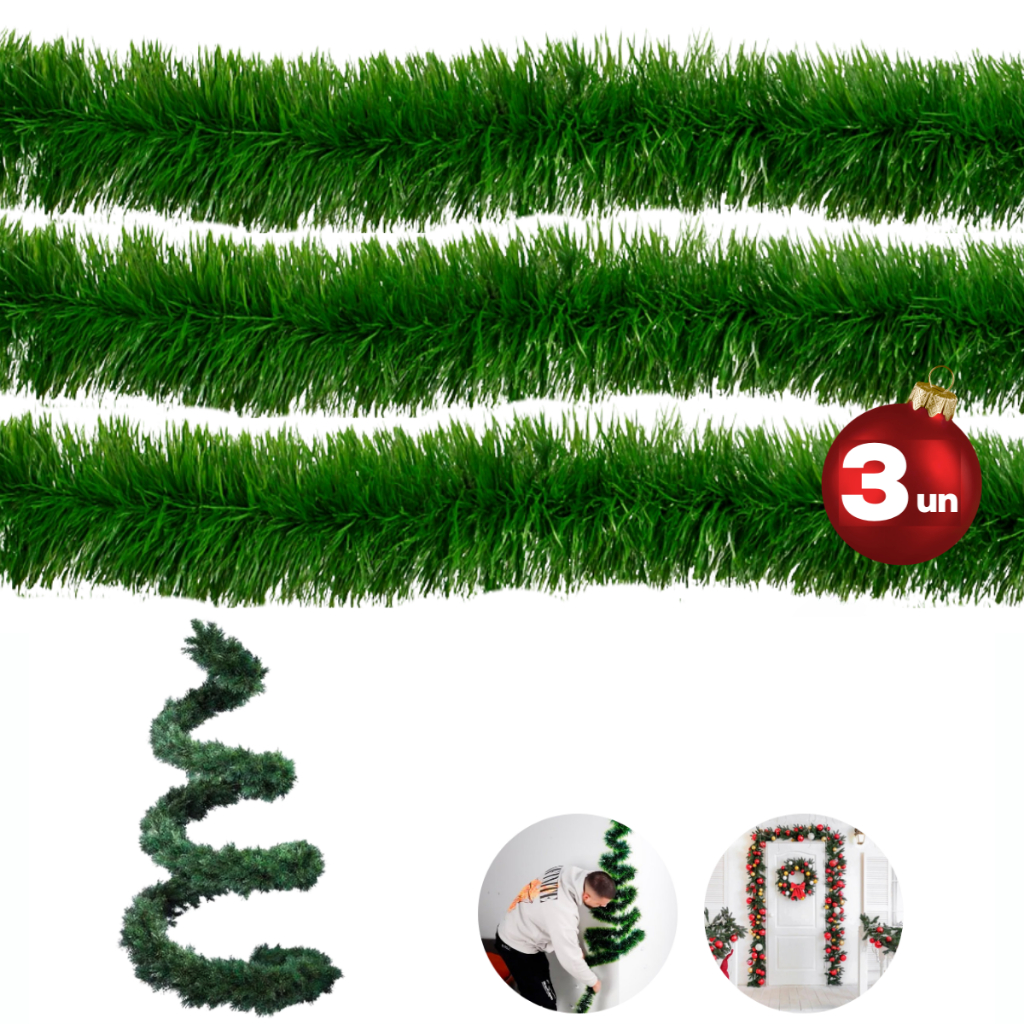 KIT 3 Festão Verde Escuro/Nevado 2mx8cm – Enfeite Premium Decoração Natal