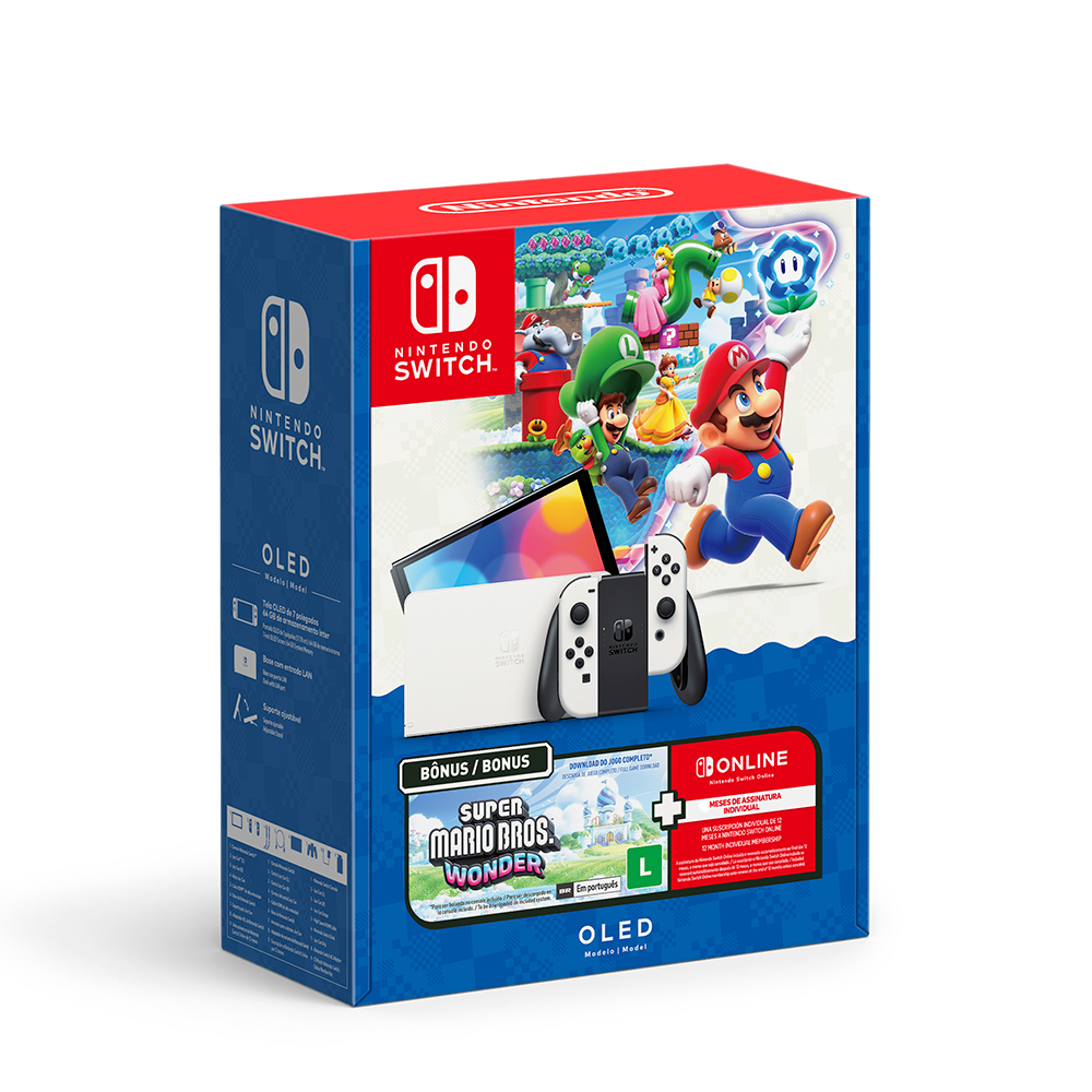 Console Nintendo Switch OLED Branco + Super Mario Bros. Wonder + Voucher Nintendo Switch Online 3 Me