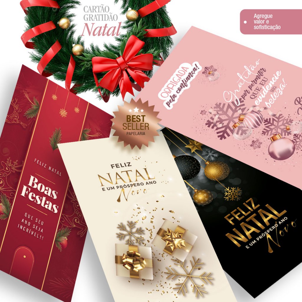 50 Cartões de Natal agradecimento 4,5x9cm – À Pronta Entrega