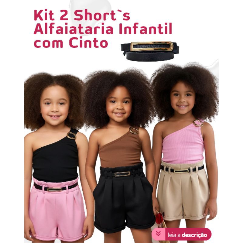 Short Infantil Alfaiataria Menina | Look Elegante Festa Verão com Cinto Tamanho 4 ao 16