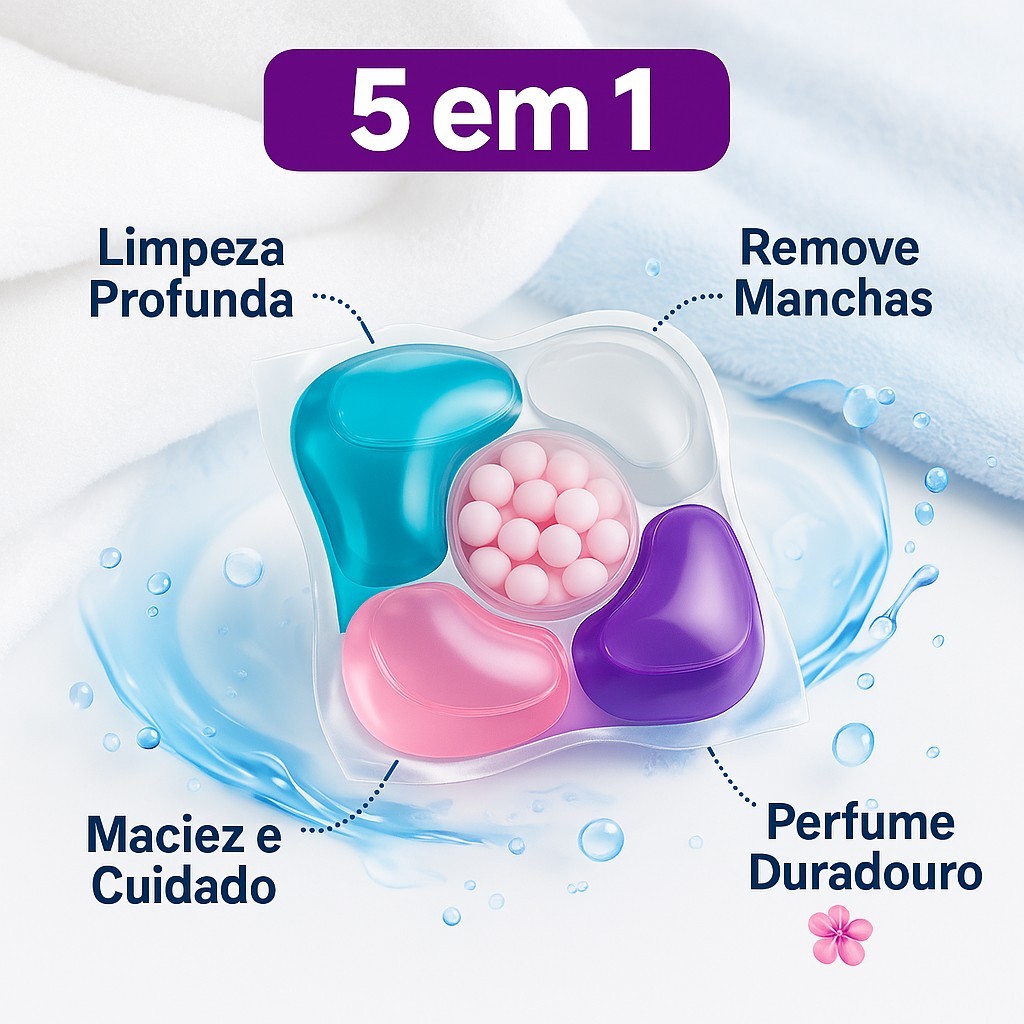 Detergente 5 em 1 Cápsulas de Lavagem 12unidade  Lava Roupas  Remove Manchas  Protege Cores  Dissolv
