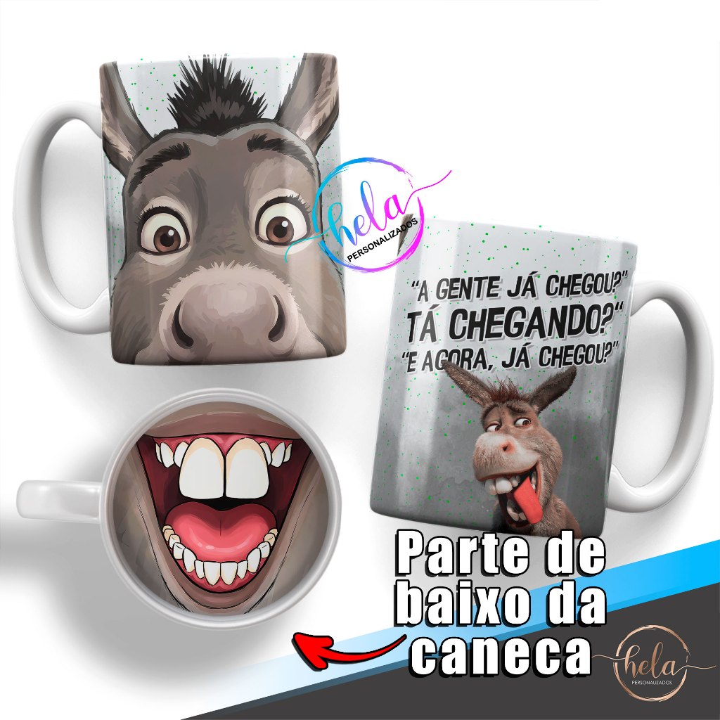 Caneca Burro Personagem do Shrek Com Boca Em Baixo Personalizado