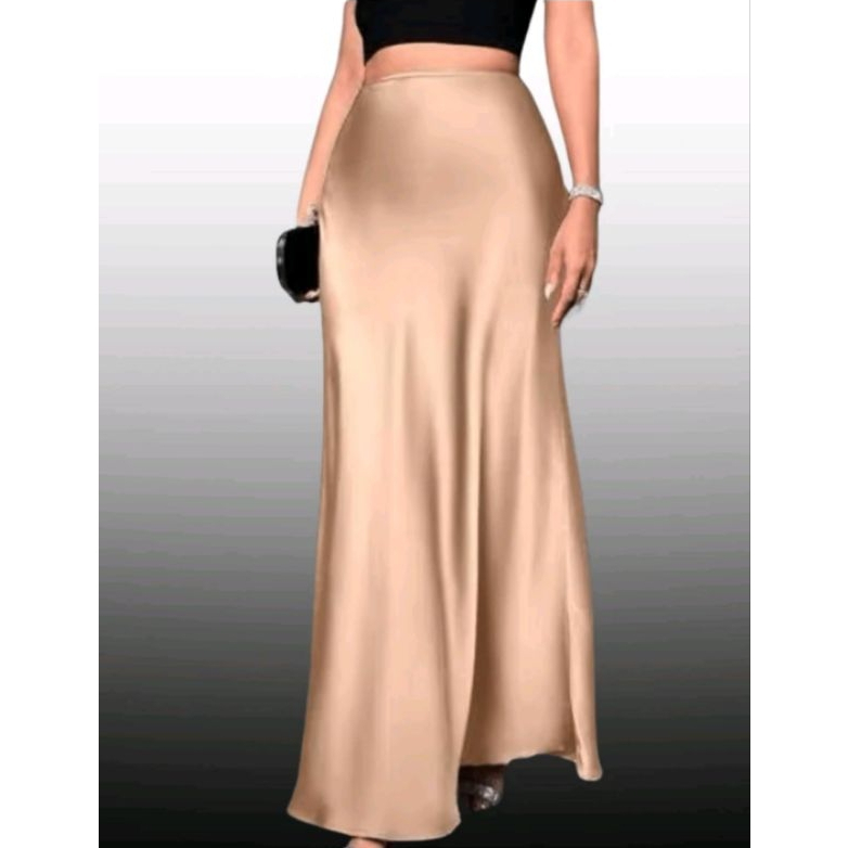 Saia Midi Cetim Longa Elegante Feminina Luxo Festa Brilhosa Cintura Alta Moda 2025