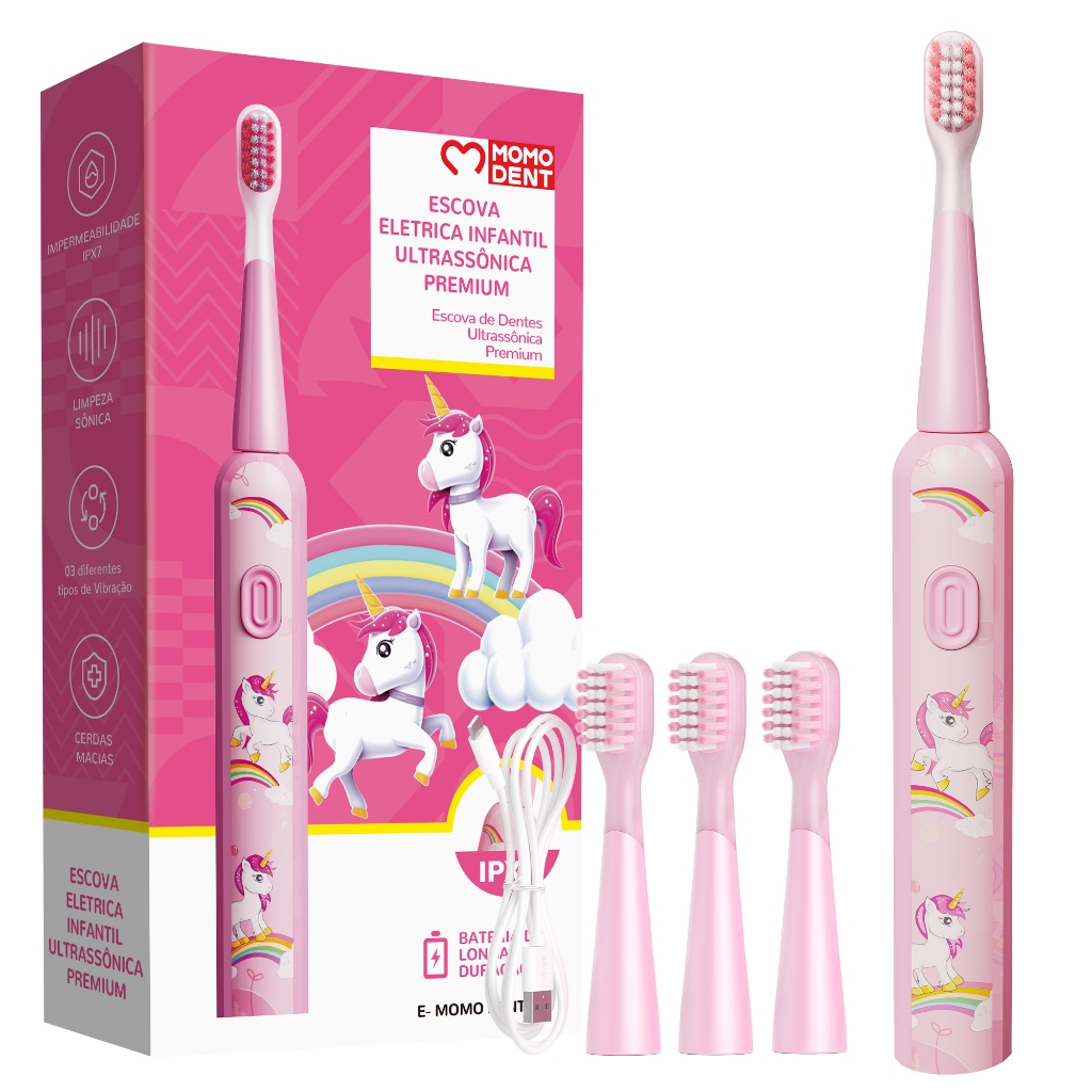 MOMODENT Escova Elétrica Ultrassônica Infantil,3-12 Anos+3 Modos de Limpeza