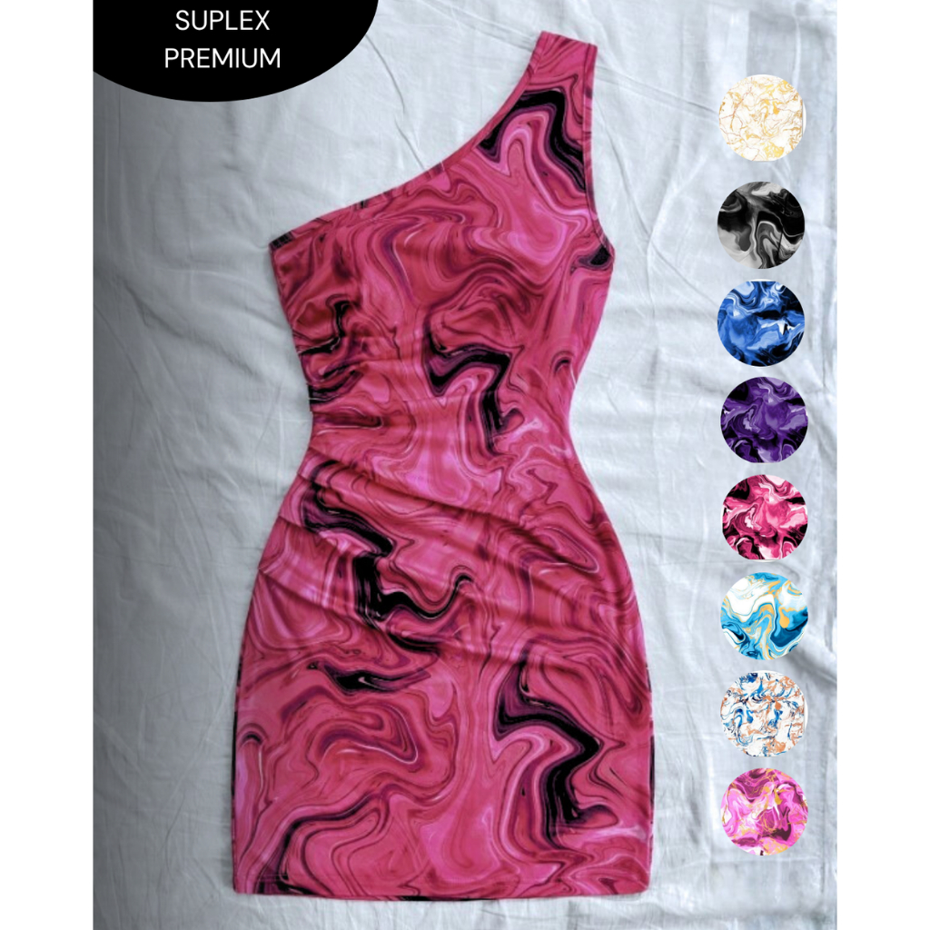 Vestido Curto Marmorizado Mula Manca Tendência Gringa Y2K Um Ombro Justo Modelador Festa Assimétrico