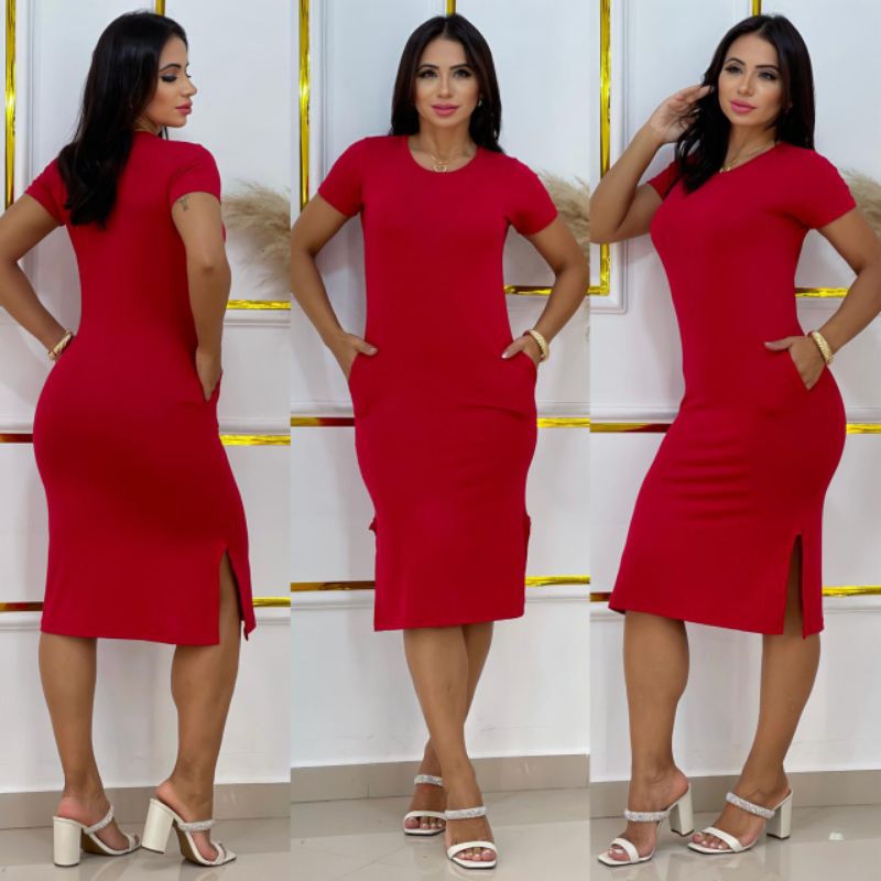 Vestido MIDI Feminina com Fendas nas Lateral e Bolsos Festa Tendência casual elegante
