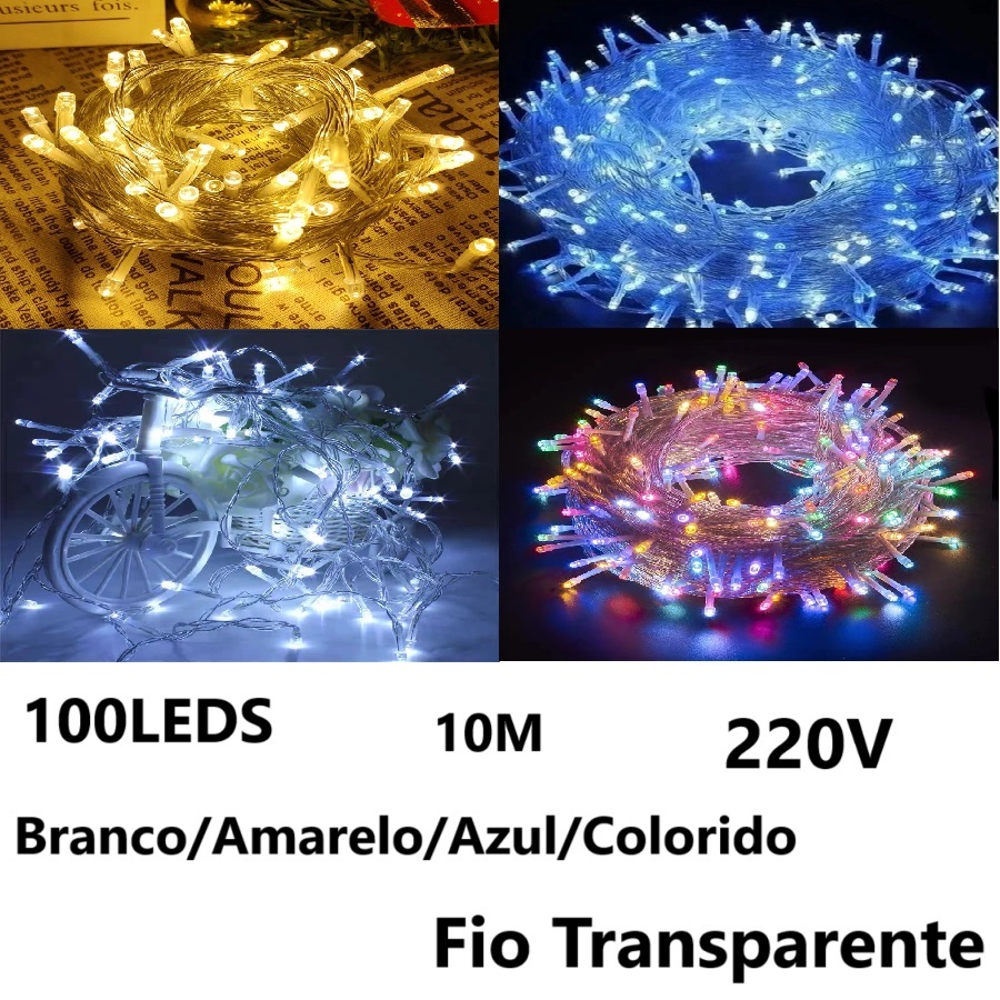Pisca Pisca 10M 100 Leds 8 Funções 220V Luz De Natal Forte Iluminação Fio Transparente