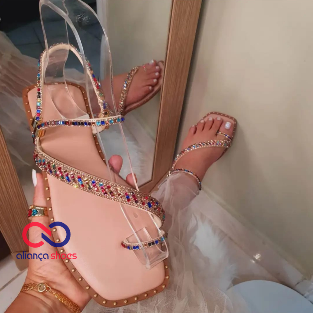 Sandália Feminina Rasteirinha Modelo 025 Stras Quadrado Super Lançamento
