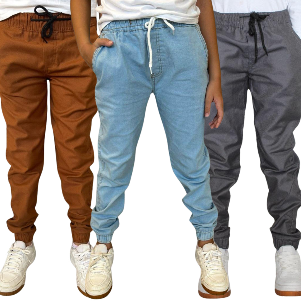Kit 3 Calça Jogger Jeans Infantil Punho Elástico Estilo Praticidade Conforto