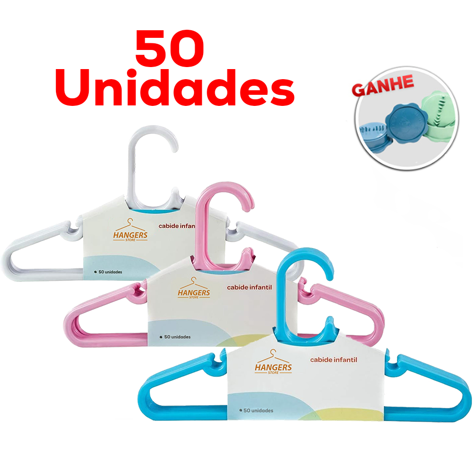 50 Cabides Infantil Reforçados para Organização de Roupas do bebe. Kit azul/rosa/branco